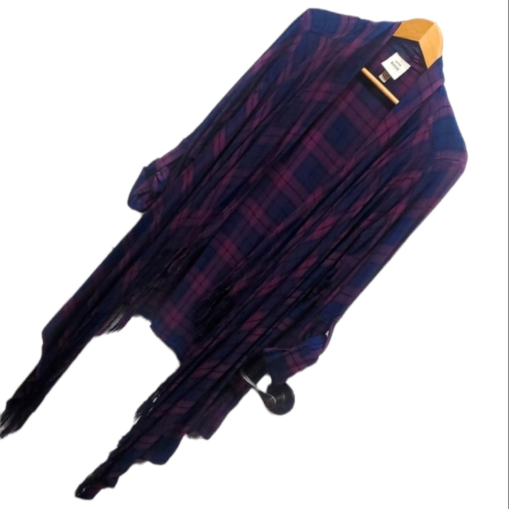 Waterfall Cardigan Purple and Navy Plaid Fringe 3/4 Sleeve XL